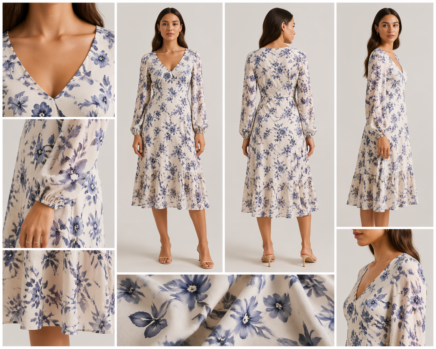 Garment fidelity review board for AI fashion model images showing neckline, print placement, texture, sleeve length, and hemline checks
