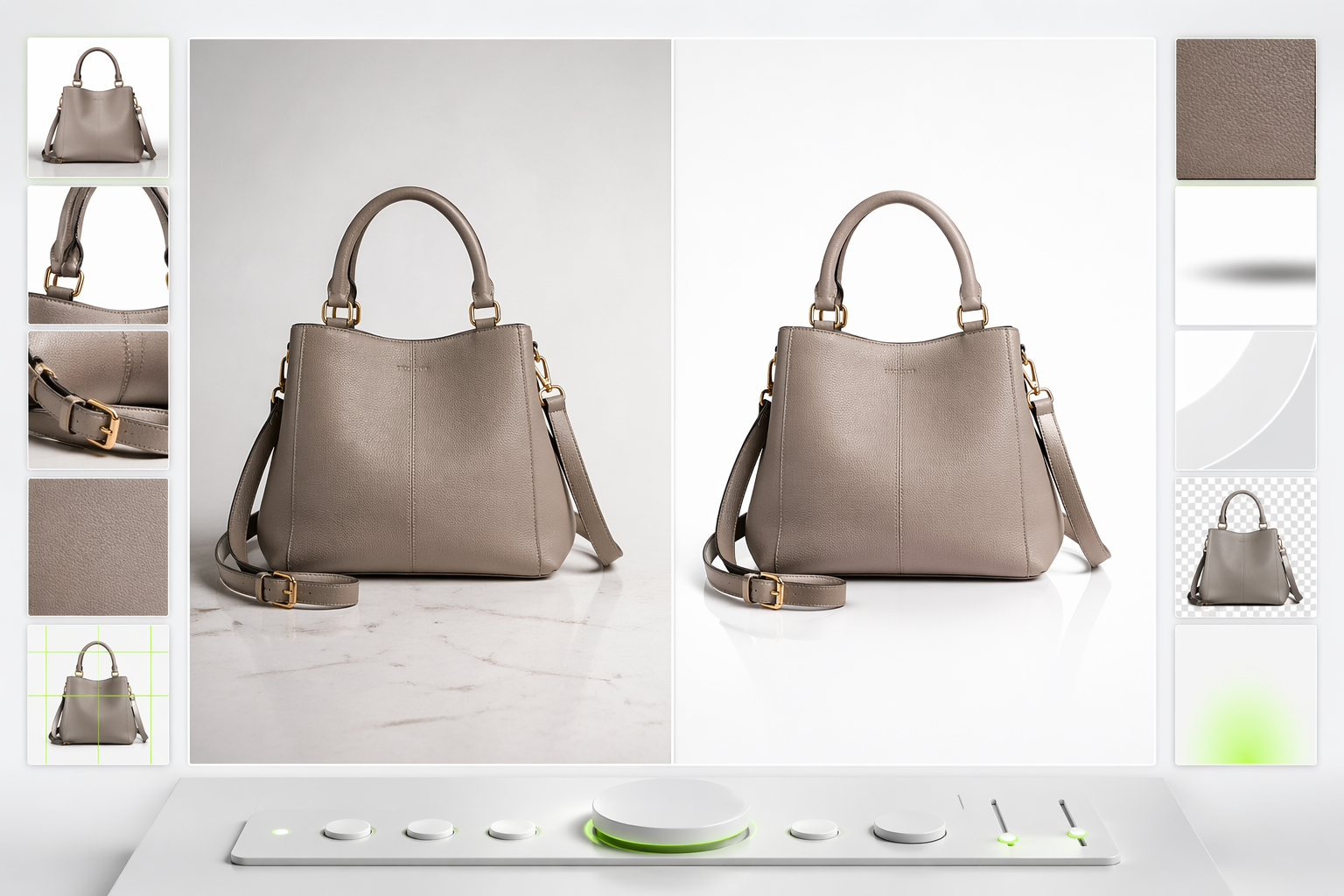 AI product photo retouching workflow showing a product image cleaned up into a publish-ready ecommerce asset