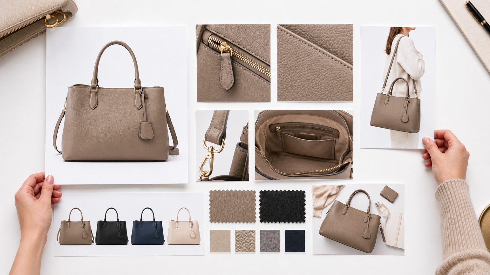 Amazon custom product listing image proof board for handbags and accessories with texture, strap, zipper, capacity, and variant checks