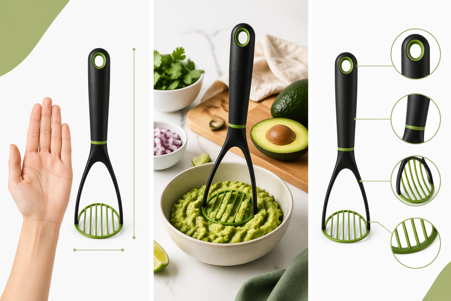 Three Amazon listing image jobs shown as size context, in-use lifestyle setup, and feature-detail support visual