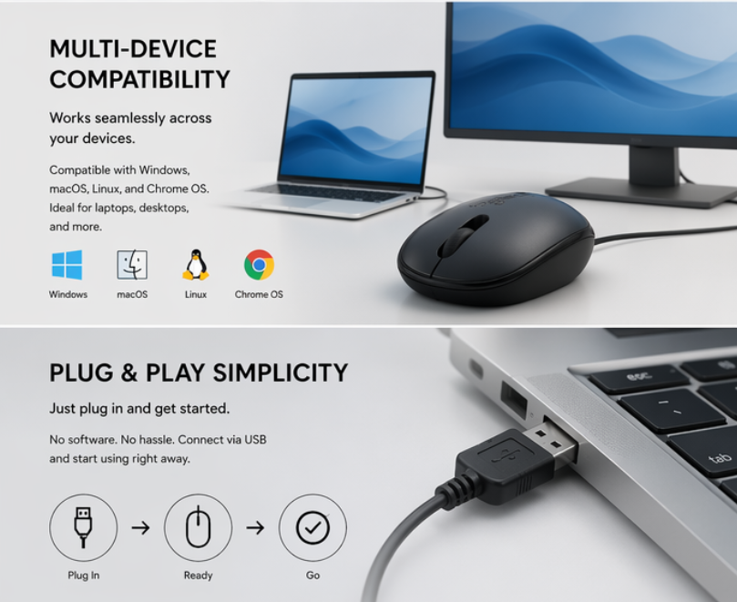 Amazon PDP planning image showing product visuals for compatibility, plug and play simplicity, and product proof modules