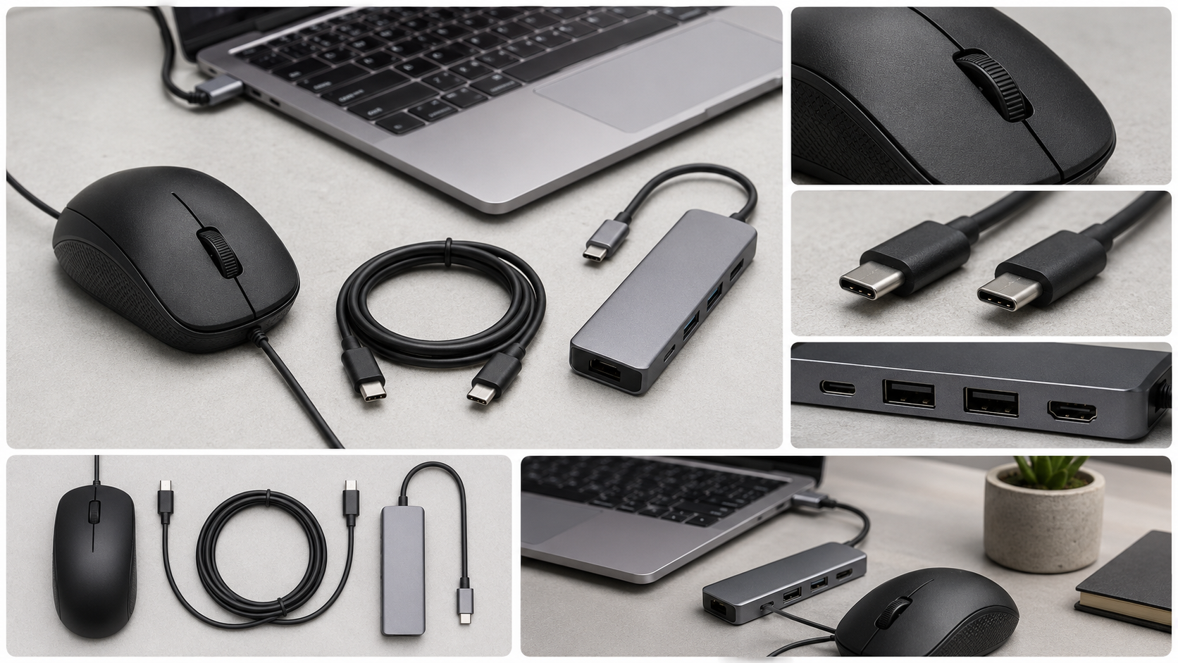 Realistic ecommerce PDP image stack for small electronics accessories showing mouse, USB-C cable, hub, connector details, and desk setup context