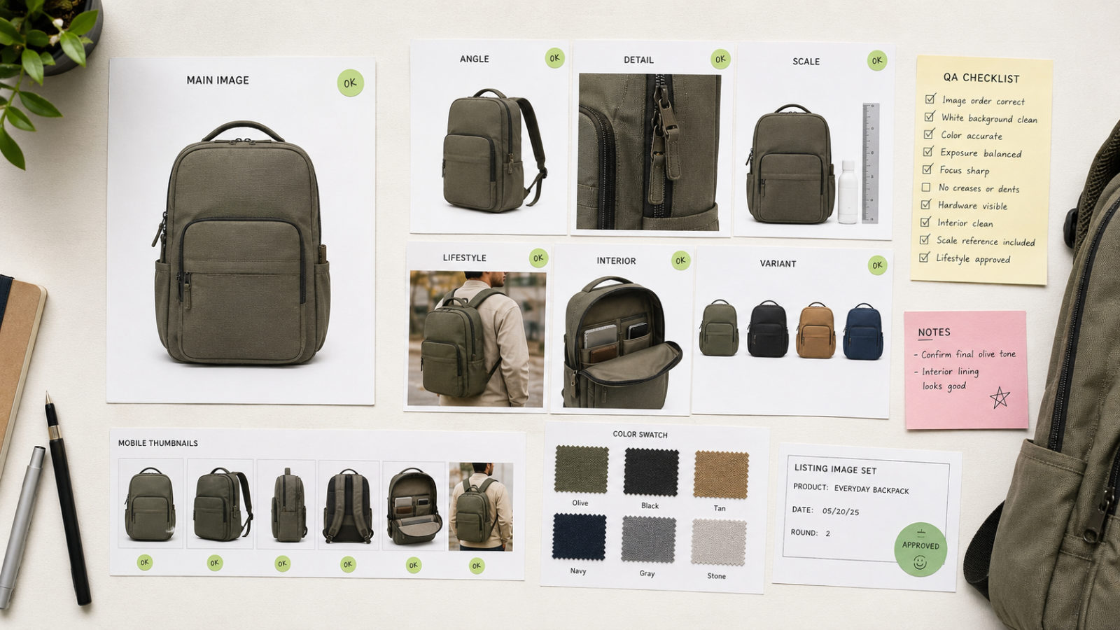 Amazon product listing image best practices proof board with main image, thumbnail crops, gallery order, and QA notes