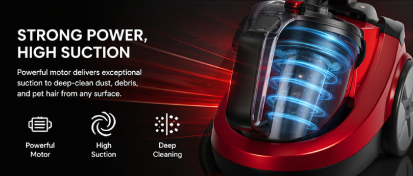 Product photo color correction example with a red vacuum cleaner visual and strong product color presentation