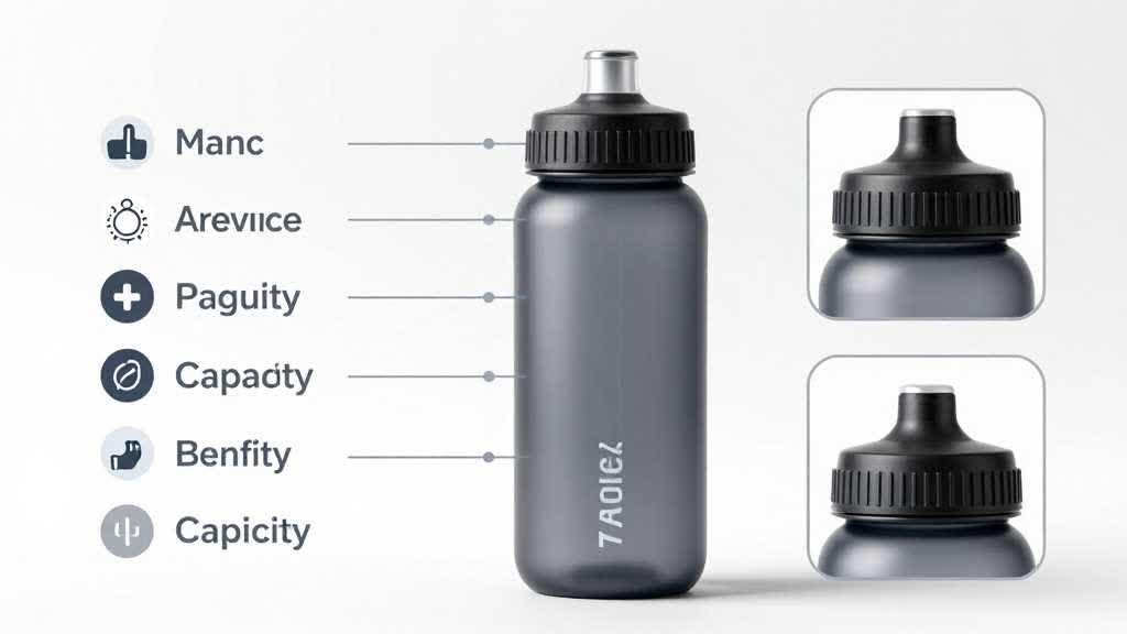 Ecommerce feature callout proof board for a hydration bottle showing buyer doubts, material closeups, function proof, scale reference, included parts, mobile gallery preview, and QA checklist