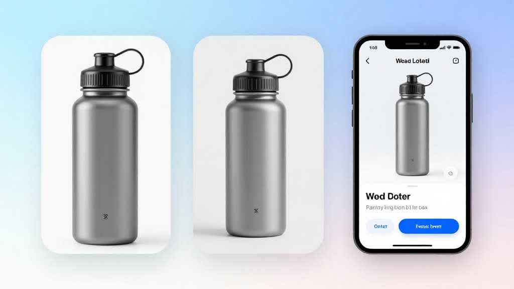 AI product image generator workflow turning one water bottle photo into landing page hero, lifestyle, feature closeup, proof, color, and mobile-ready product images