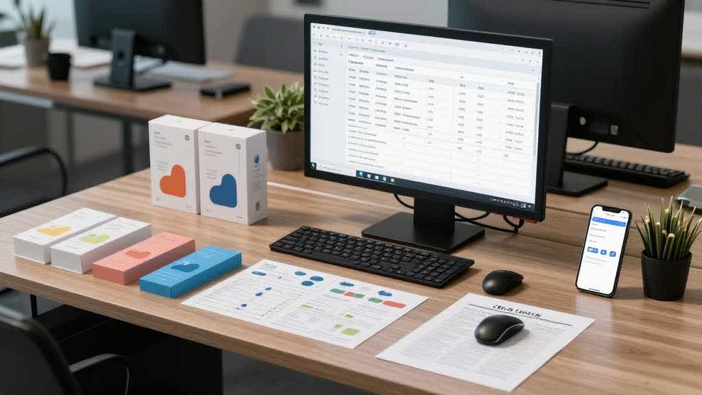 Agency-style Amazon A plus content image production desk with product packaging, module layouts, mobile preview, buyer notes, and QA checklist