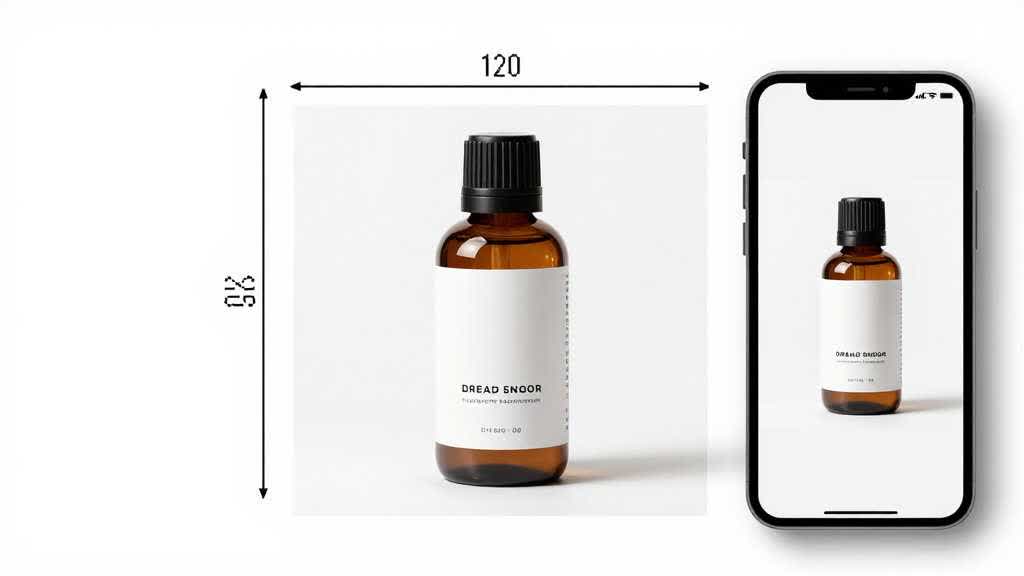 Amazon listing image size QA desk with square crop guides, pixel dimensions, product photo set, and mobile preview