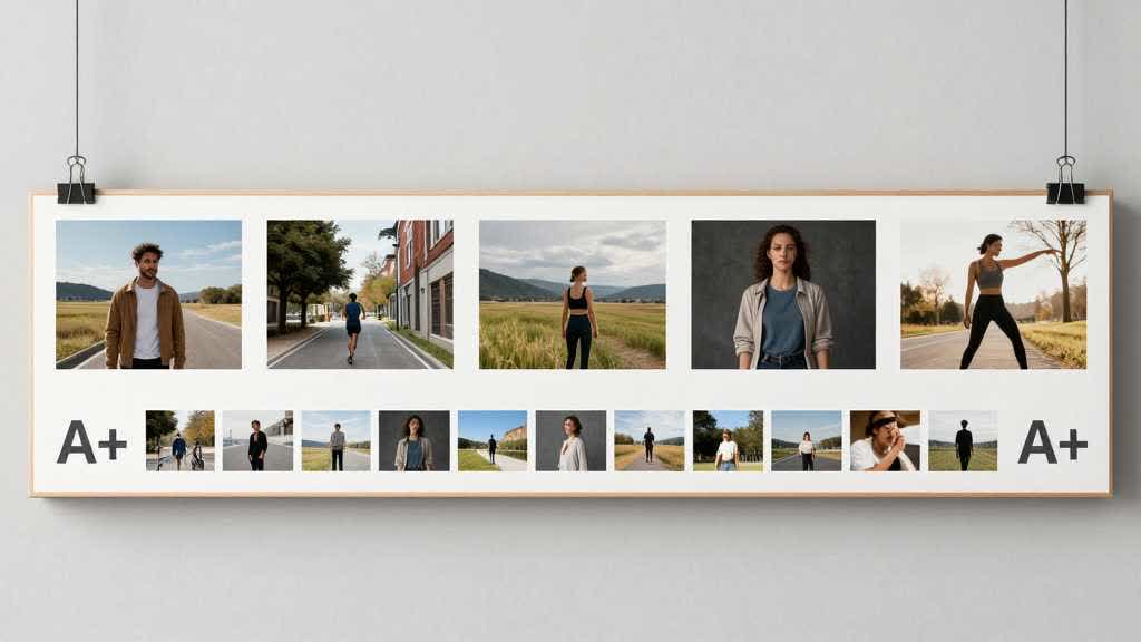 Amazon listing images design visual flow board with main image, gallery cards, lifestyle scene, A+ module strip, mobile preview, and QA notes