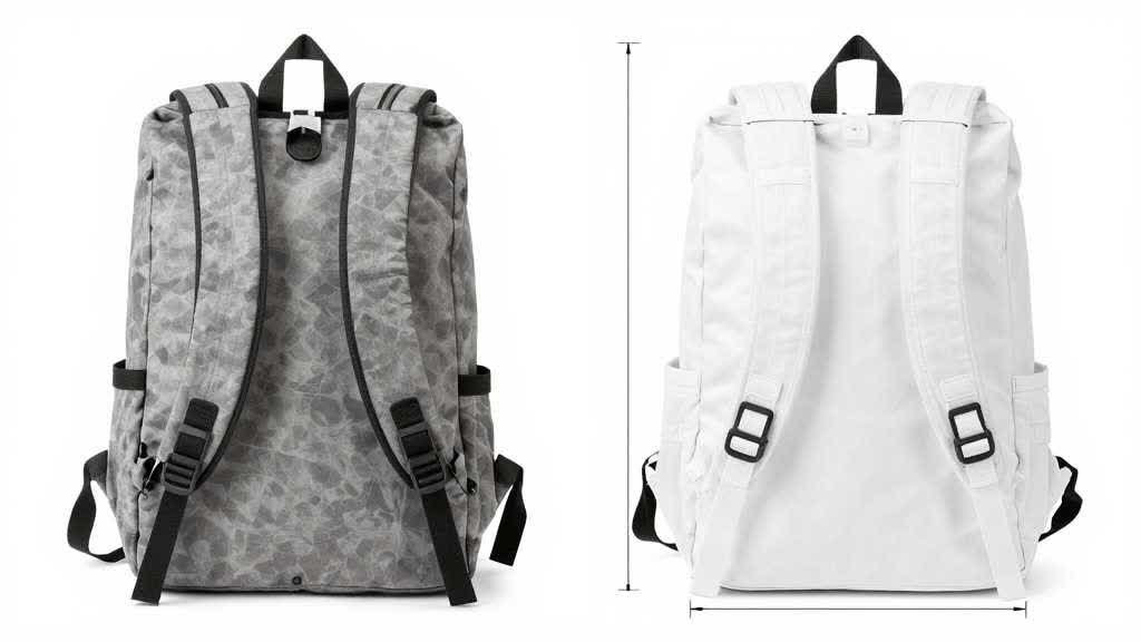 Amazon main image AI generator workflow showing supplier backpack photo, clean white background main image, edge checks, material swatches, packaging reference, crop marks, and QA checklist