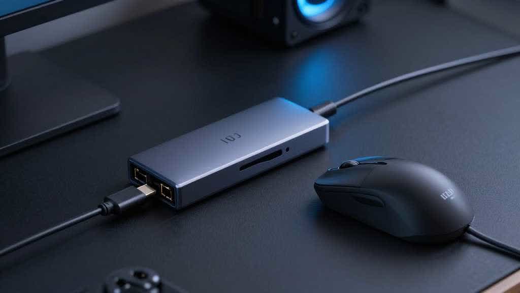 Realistic ecommerce PDP image stack for small electronics accessories showing mouse, USB-C cable, hub, connector details, and desk setup context