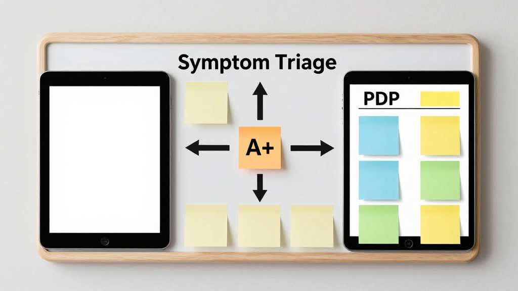 Amazon product detail page vs A plus content triage map showing what sellers should improve first by symptom
