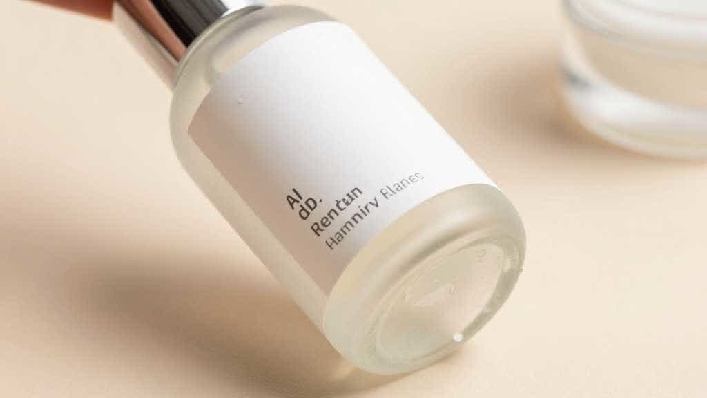 Beauty and skincare ecommerce product photo retouching QA board with label checks, liquid color comparison, texture samples, and mobile preview