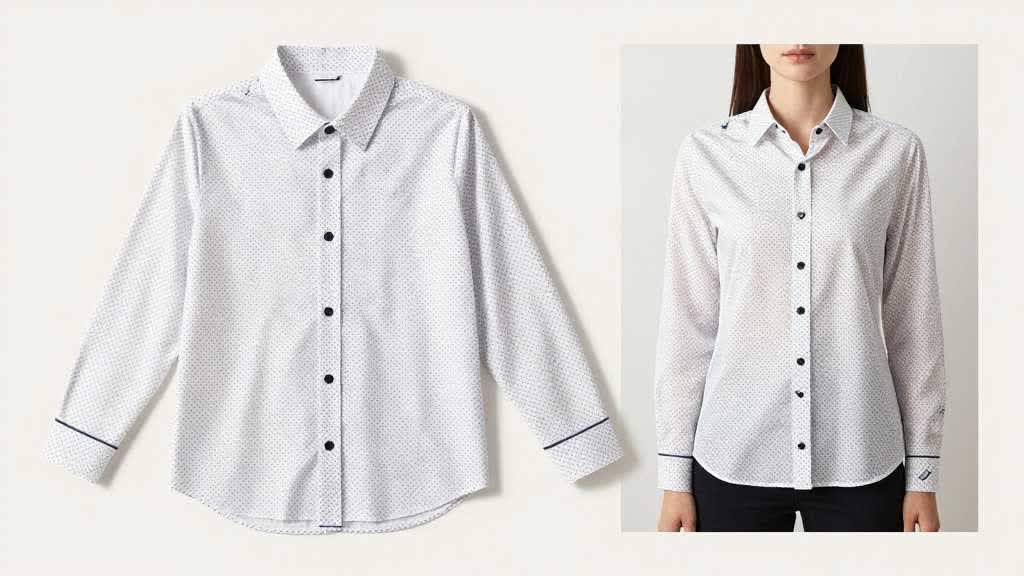 Flat lay to model photo AI garment fidelity review showing neckline, print placement, texture, sleeve length, and hemline checks