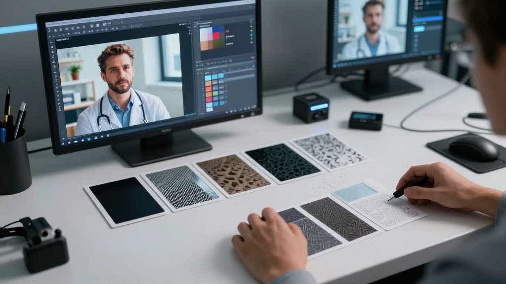 Ecommerce product image quality review desk with pixelated photo examples, before and after zoom crops, texture detail cards, and AI enhancement checklist