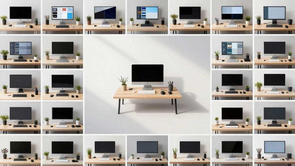 Ecommerce product image production desk showing one product photo expanded into main image, detail closeups, lifestyle scene, A plus module cards, mobile preview, and QA checklist