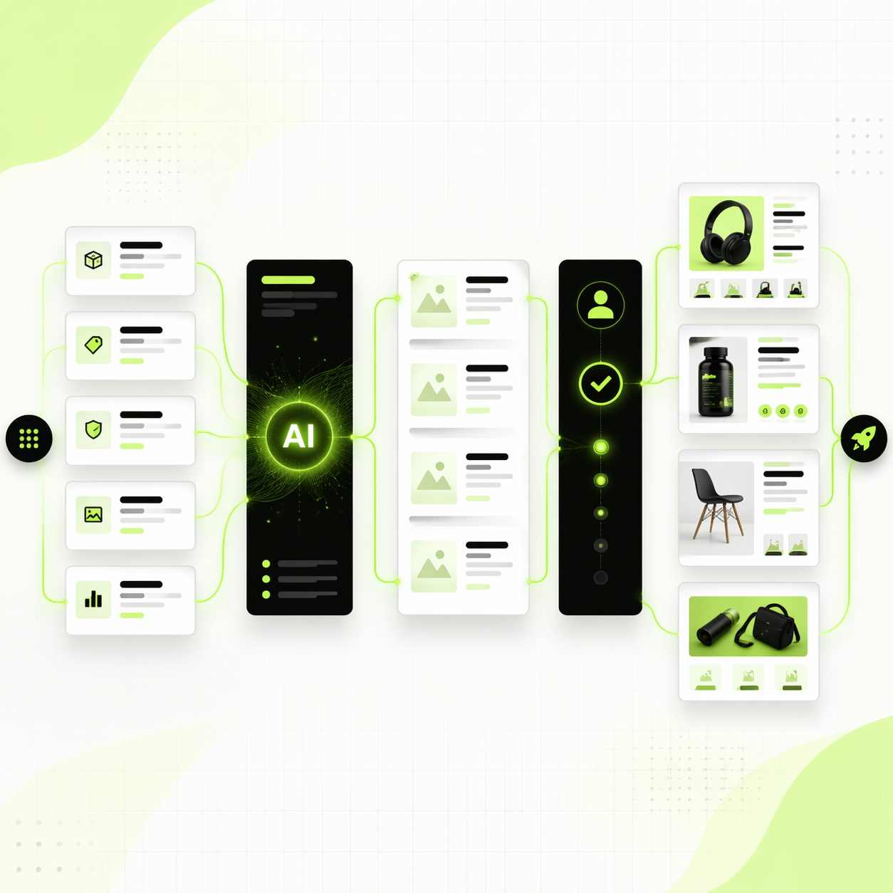 Original ecommerce workflow visual showing product facts moving through AI drafting, human review, and publish-ready A+ content modules