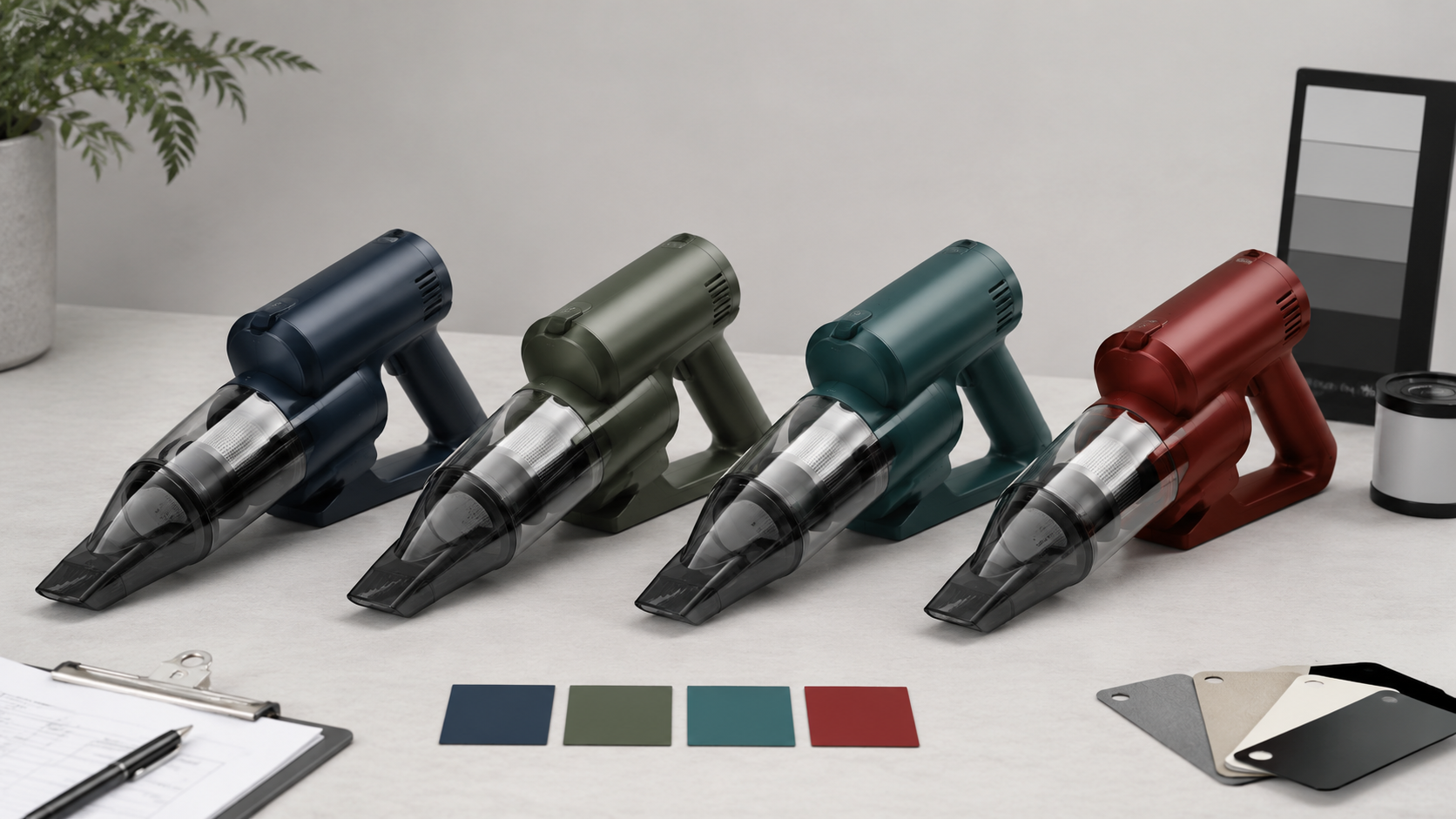Realistic ecommerce color variant QA scene with four vacuum cleaner color variants, matching swatches, and neutral studio review setup
