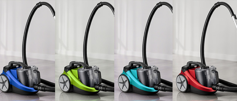 Color variant consistency check showing the same vacuum cleaner product in blue, green, teal, and red
