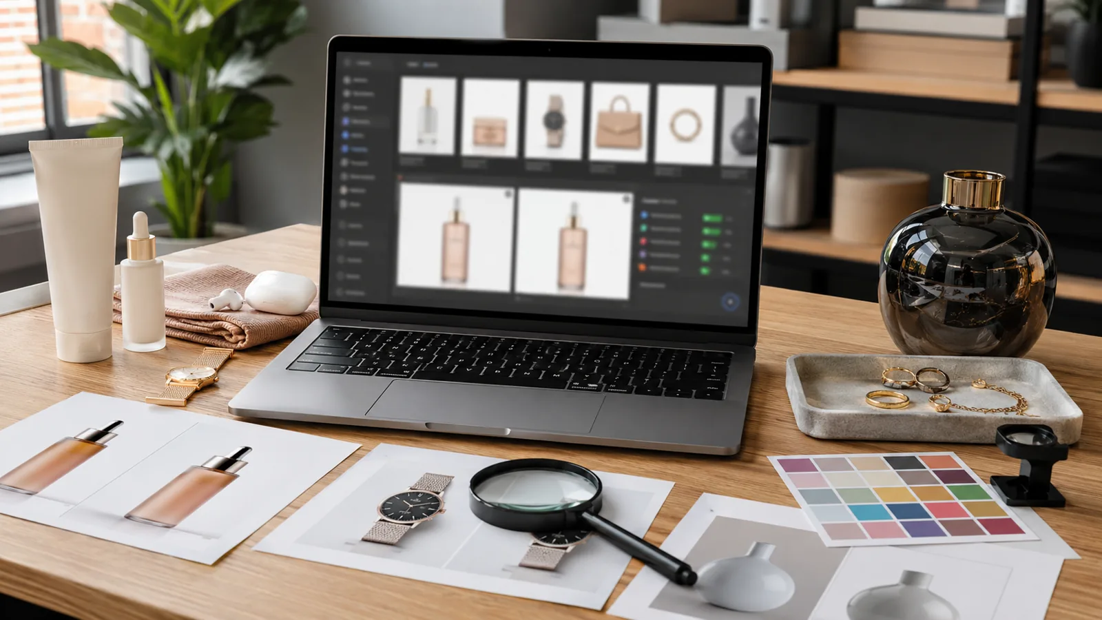 Ecommerce product retouching review desk comparing AI cleanup and human retouching needs across jewelry, beauty, apparel, electronics, and home product photos