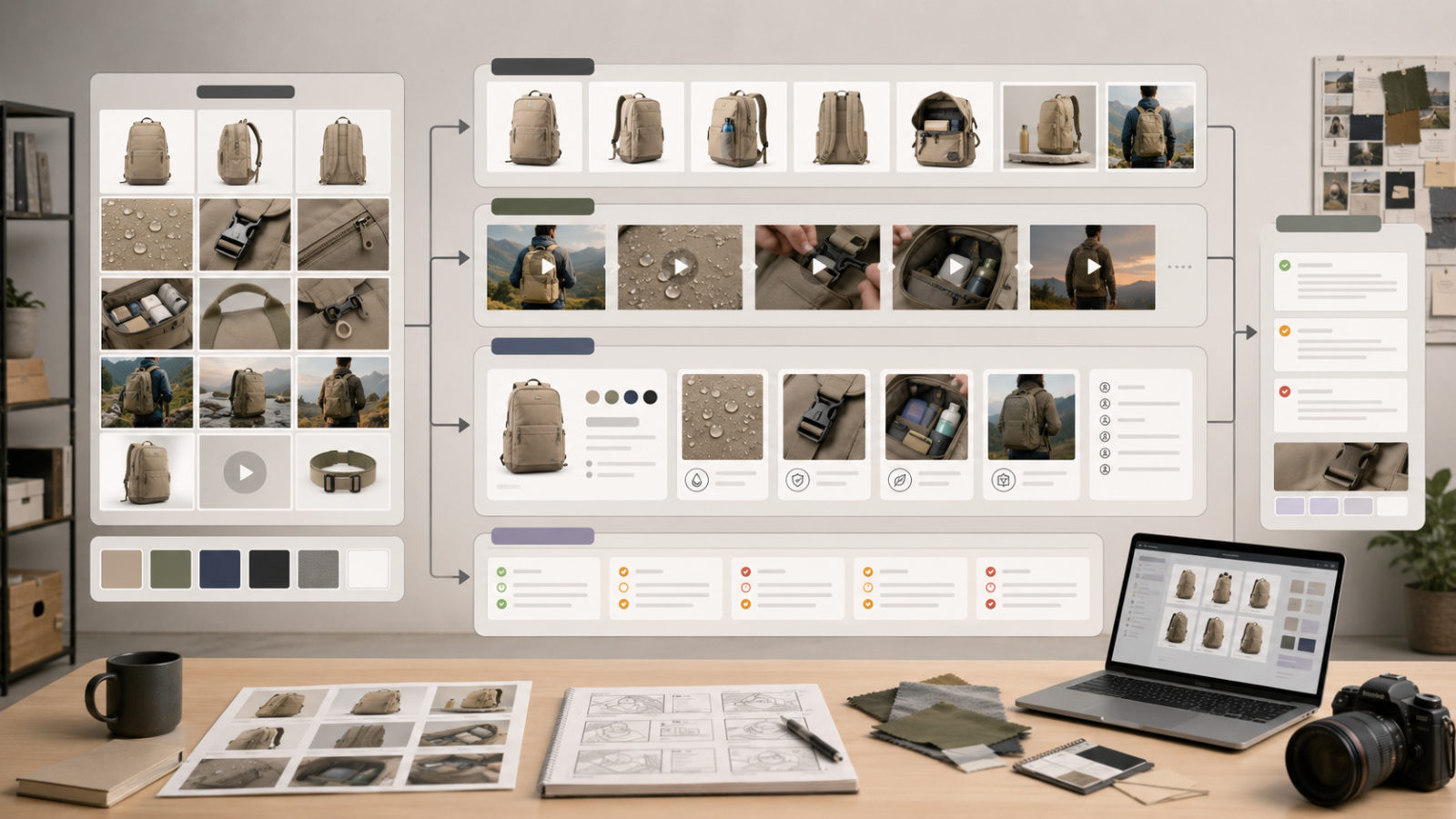 Product visual asset library feeding listing images, shoppable video frames, product detail cards, and ecommerce creative QA notes