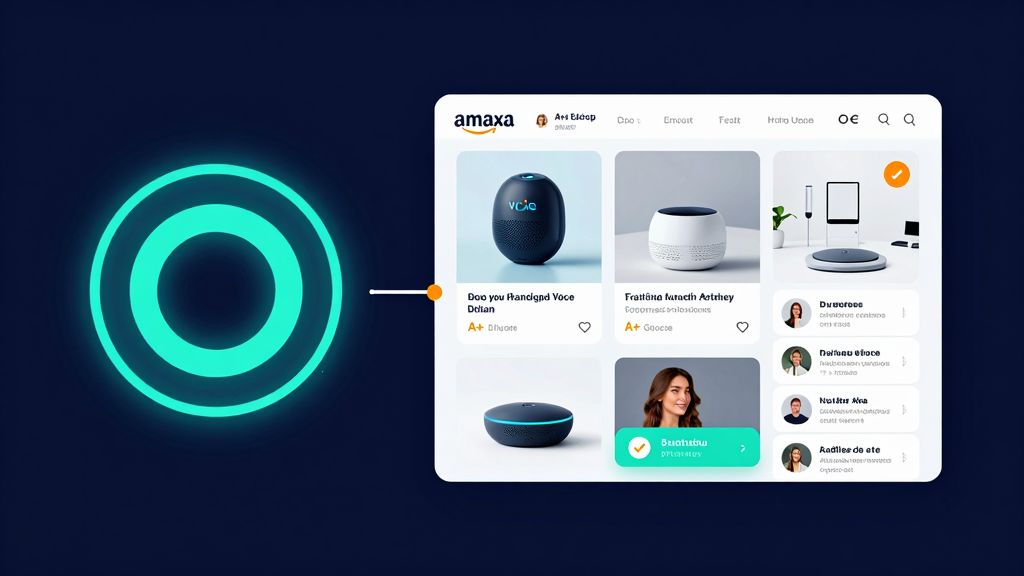 AI shopping assistant comparison desk with product detail page images, product comparison cards, A plus content modules, review notes, and ecommerce visual proof
