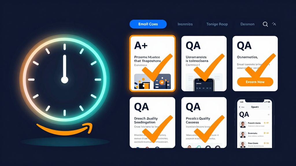 Prime Day listing visual QA board with product images, A plus content modules, mobile preview, countdown calendar, and checklist
