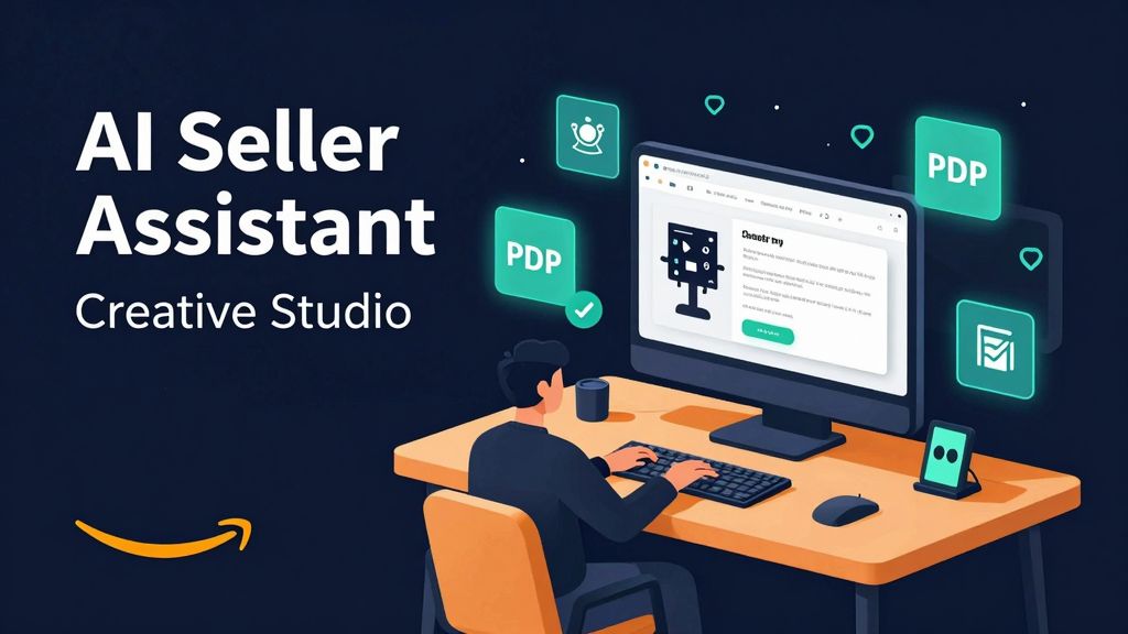 Marketplace seller AI creative operations board with product image cards, ad storyboard frames, listing QA checklist, performance charts, and product sample