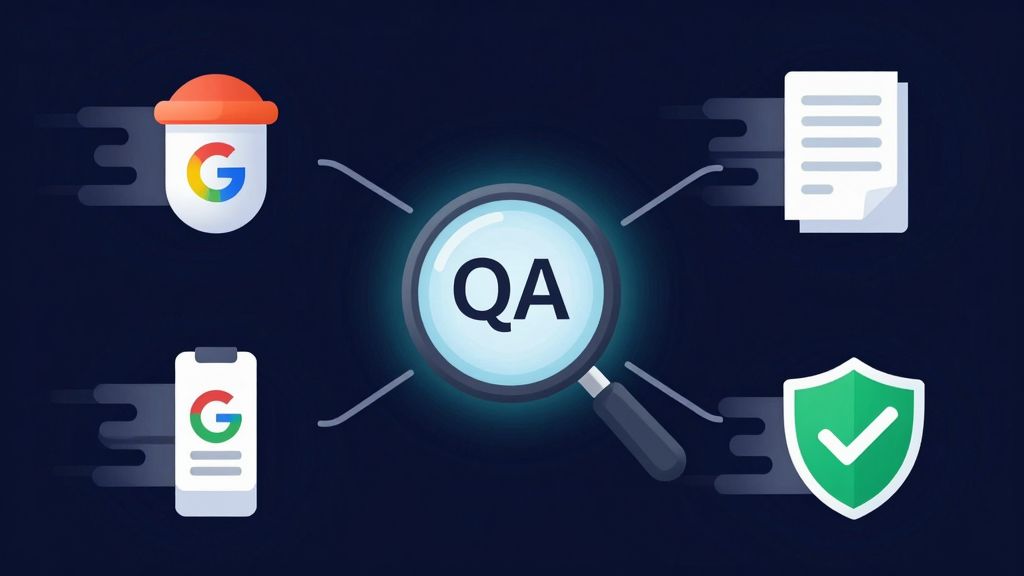 AI creative production desk with product photo cards, scene variations, landing page image set, mobile preview, and product page QA checklist