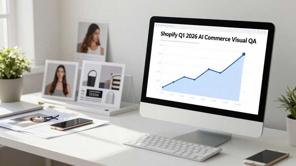Realistic ecommerce operations desk with laptop product catalog dashboard, product samples, swatches, and visual QA review materials