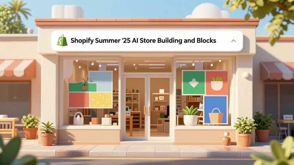 Shopify AI storefront workflow showing store builder, block generation, Sidekick guidance, and modular content creation