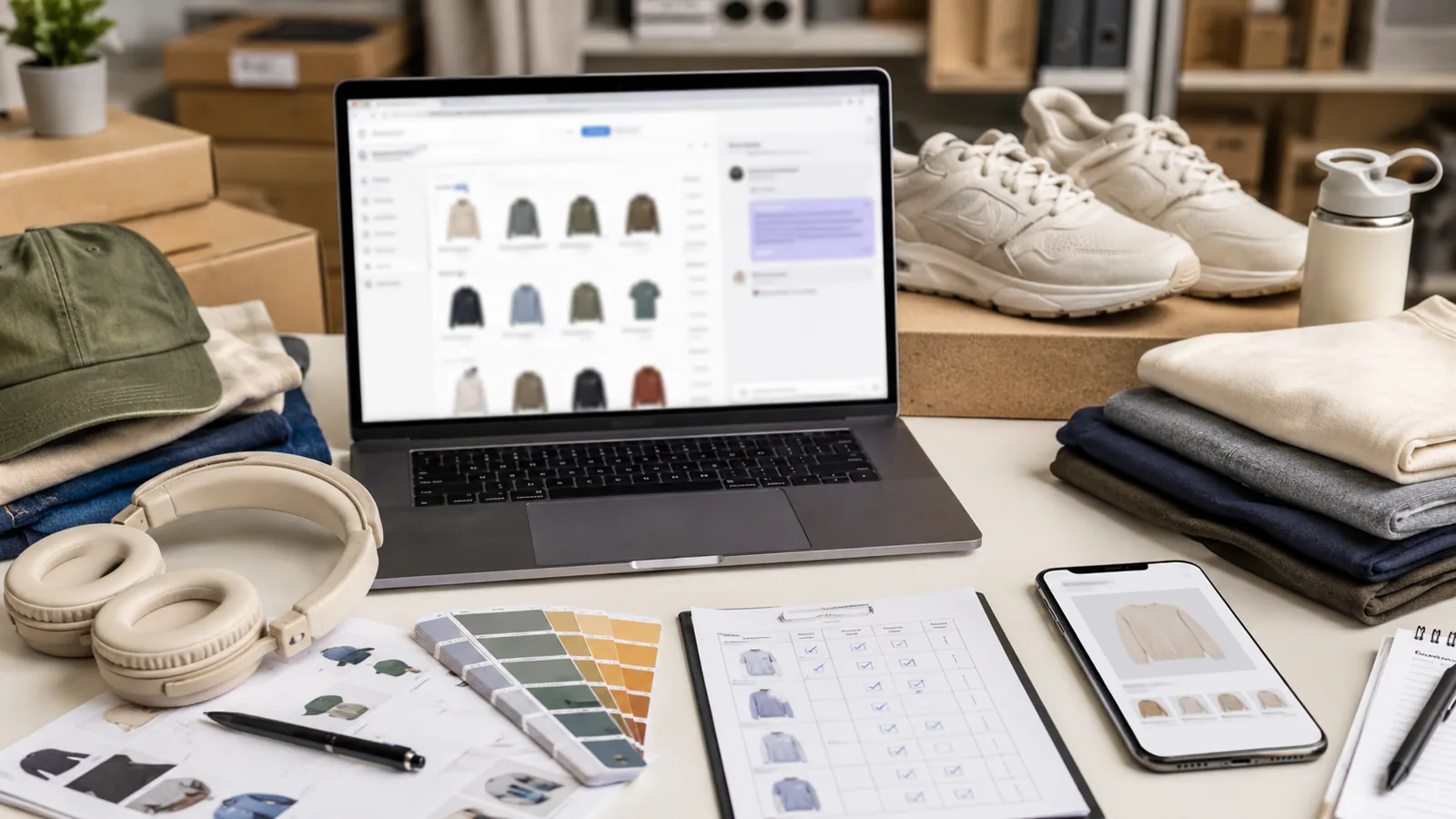 Ecommerce operations desk with product catalog dashboard, AI assistant panel, product thumbnails, variant swatches, and QA review materials