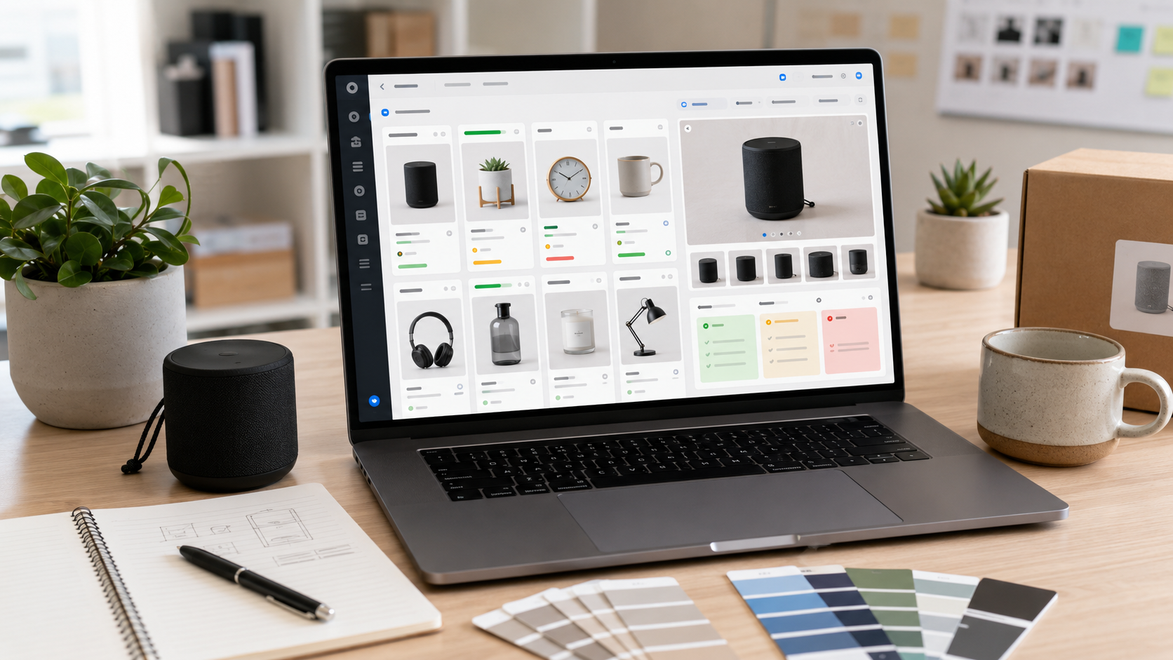 Realistic ecommerce operations desk with laptop product catalog dashboard, product samples, swatches, and visual QA review materials